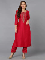 Silk Blend Rani Pink Embroidered Kurta With