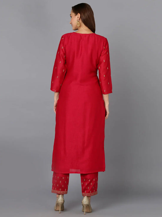 Silk Blend Rani Pink Embroidered Kurta With