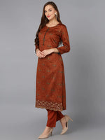 Burnt-Orange Cotton Straight Kurta Pant With Dupatta-VKSKD1797_XS