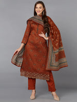 Burnt-Orange Cotton Straight Kurta Pant With Dupatta-VKSKD1797_XS