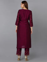 Silk Blend Wine Embroidered Kurta With Pant-VKSET1428_XS