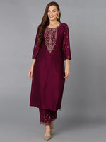 Silk Blend Wine Embroidered Kurta With Pant-VKSET1428_XS