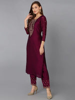 Silk Blend Wine Embroidered Kurta With Pant-VKSET1428_XS