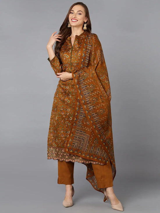 Mustard Cotton Straight Kurta Pant With Dupatta-VKSKD1799_XS