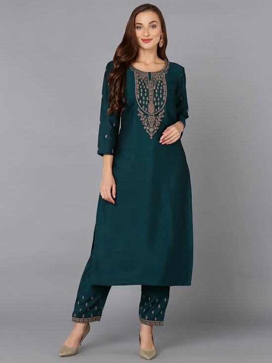 Silk Blend Bottle Green Embroidered Kurta With