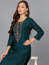 Silk Blend Bottle Green Embroidered Kurta With