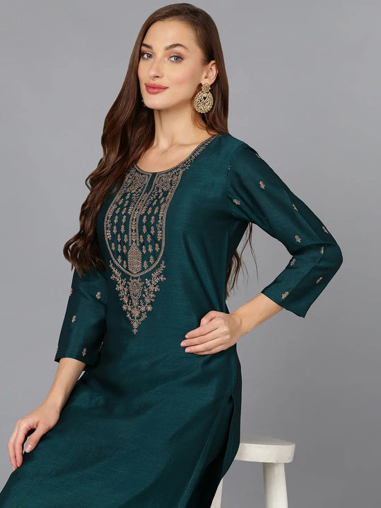 Silk Blend Bottle Green Embroidered Kurta With