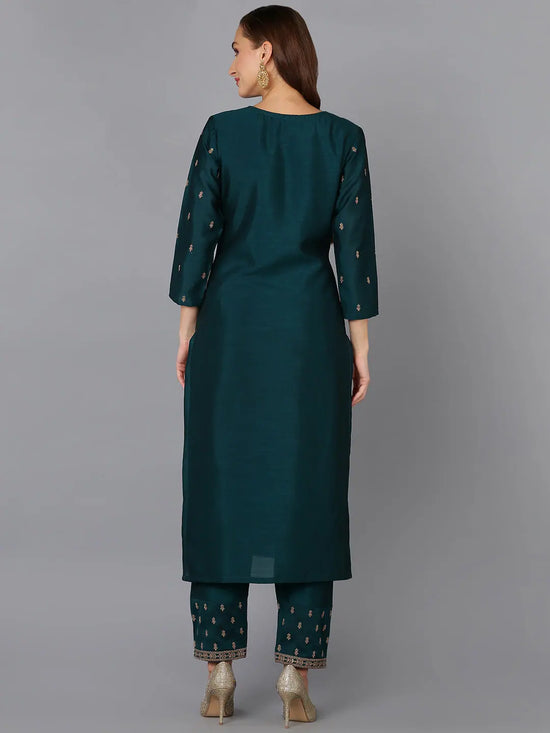 Silk Blend Bottle Green Embroidered Kurta With