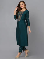 Silk Blend Bottle Green Embroidered Kurta With