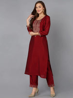 Silk Blend Maroon Embroidered Kurta With Pant