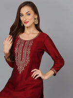 Silk Blend Maroon Embroidered Kurta With Pant