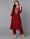 Silk Blend Maroon Embroidered Kurta With Pant