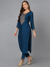 Silk Blend Firozi Embroidered Kurta With Pant