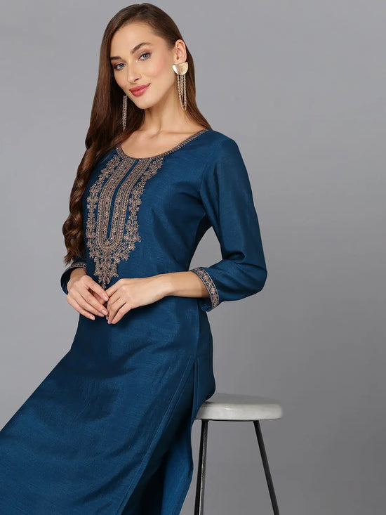 Silk Blend Firozi Embroidered Kurta With Pant