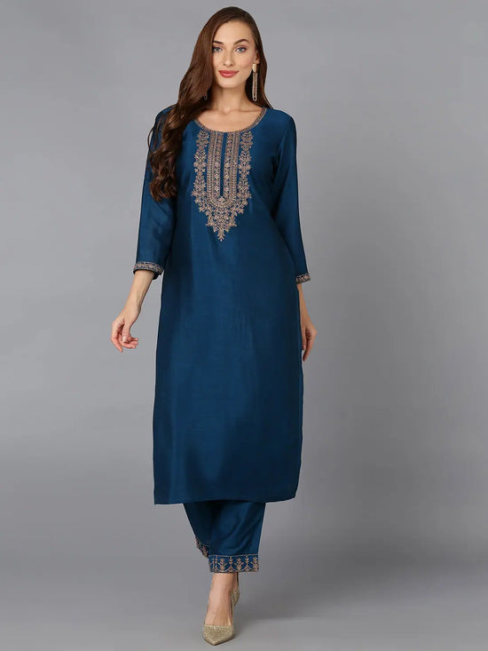 Silk Blend Firozi Embroidered Kurta With Pant