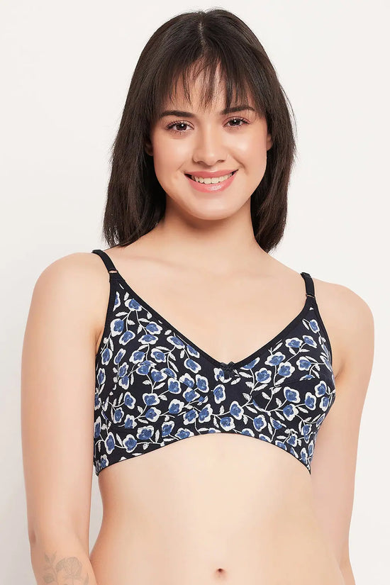 Non-Padded Non-Wired Full Cup Floral Print Bra in Navy - Cotton