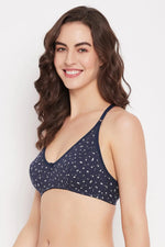 Non-Padded Non-Wired Full Cup Floral Print Racerback Bra in Navy - Cotton