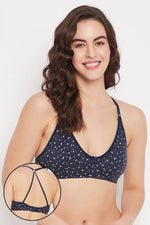 Non-Padded Non-Wired Full Cup Floral Print Racerback Bra in Navy - Cotton