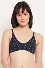 Non-Padded Non-Wired Full Cup Printed Bra in Navy - Cotton