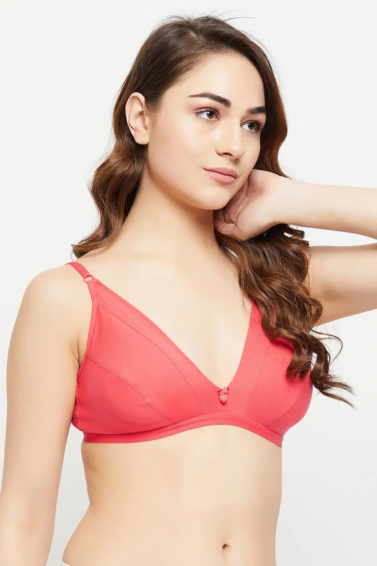 Non-Padded Non-Wired Demi Cup Plunge Bra in Peach Colour - Cotton