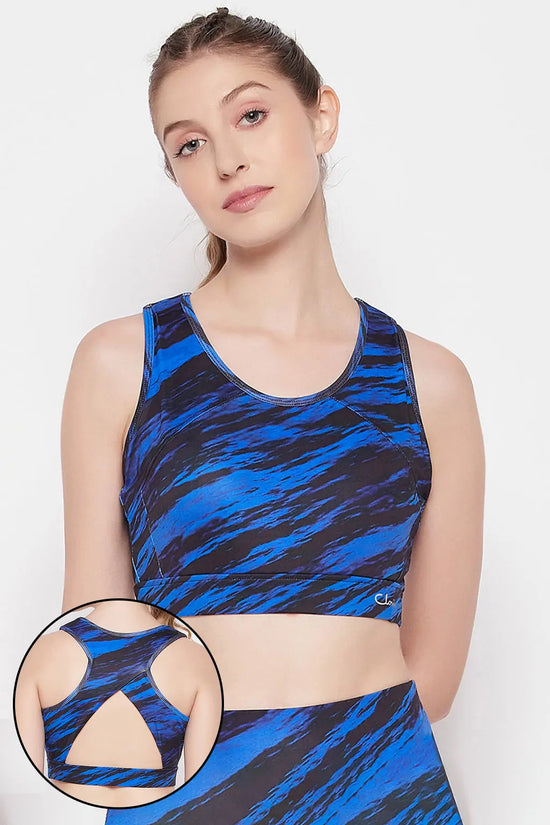 Medium Impact Padded Printed Active Sports Bra in Royal Blue