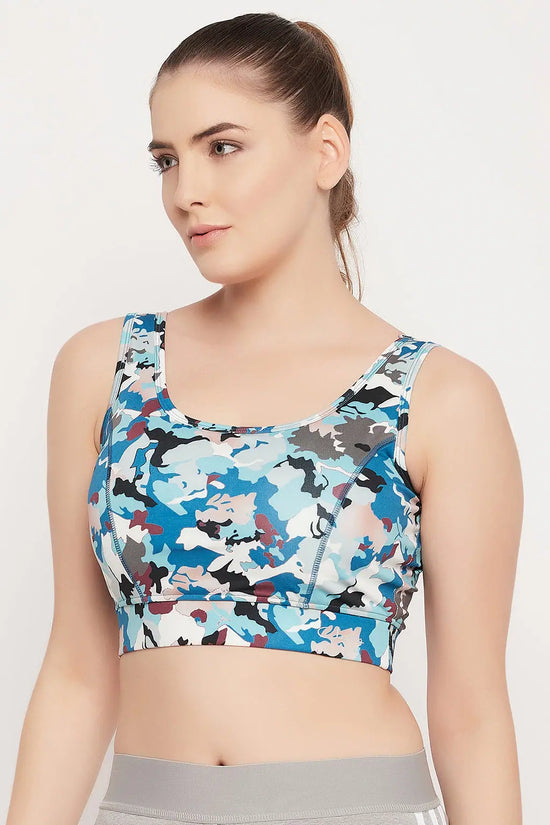 Medium Impact Padded Camouflage Print Sports Bra in Sky Blue