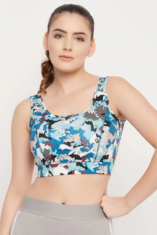 Medium Impact Padded Camouflage Print Sports Bra in Sky Blue