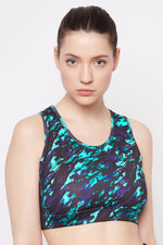 Medium Impact Padded Printed Racerback Sports Bra in Turquoise Green