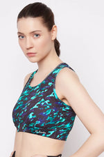 Medium Impact Padded Printed Racerback Sports Bra in Turquoise Green