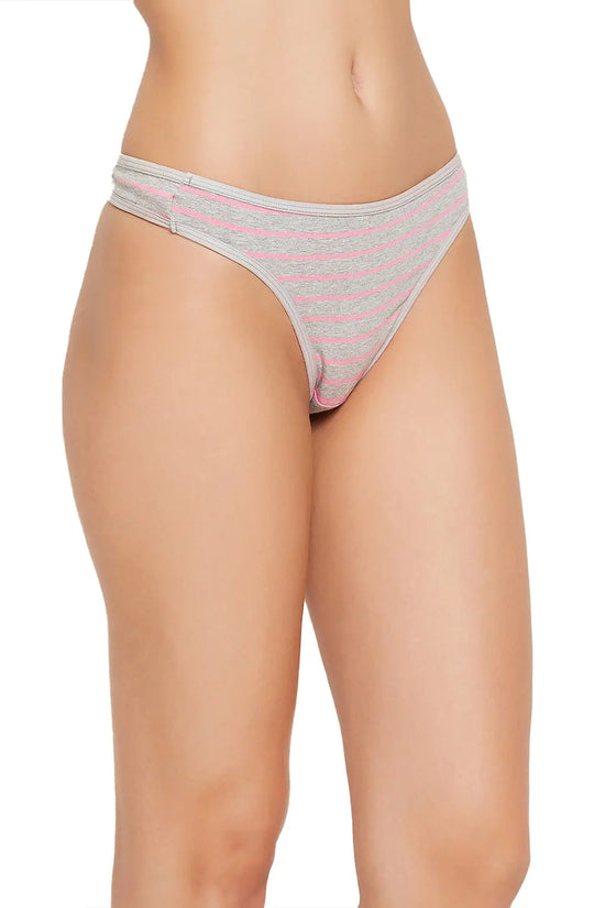 Low Waist Striped Thong in Grey Melange - Cotton