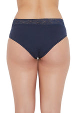 Mid Waist Hipster Panty with Lace Waist in Navy - Cotton