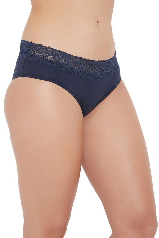 Mid Waist Hipster Panty with Lace Waist in Navy - Cotton