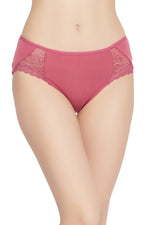 Mid Waist Hipster Panty in Dusky Pink with Lace Inserts - Cotton