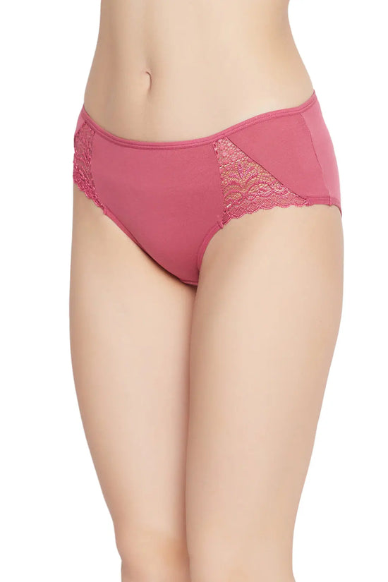 Mid Waist Hipster Panty in Dusky Pink with Lace Inserts - Cotton