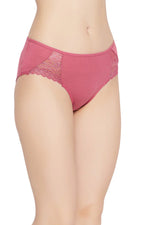 Mid Waist Hipster Panty in Dusky Pink with Lace Inserts - Cotton