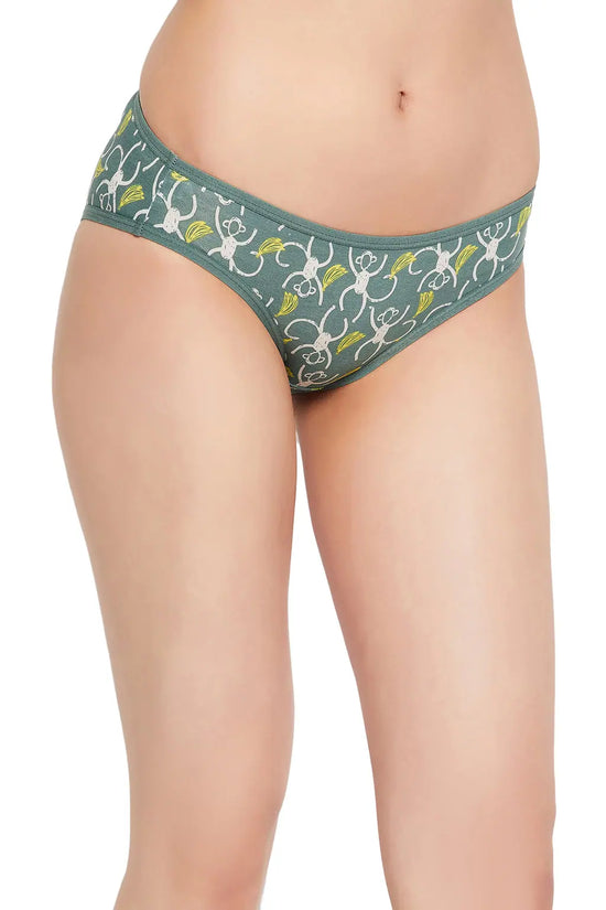 Low Waist Monkey Print Bikini Panty in Dark Green - Cotton