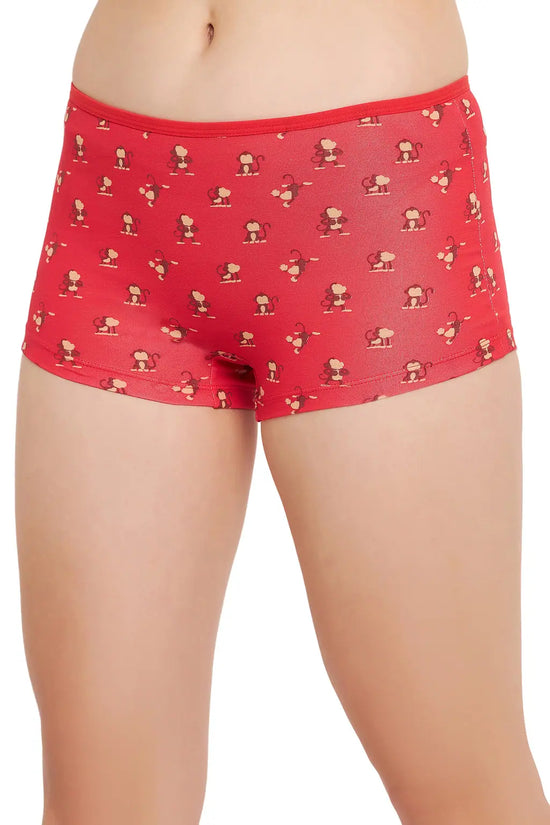 Mid Waist Monkey Print Boyshorts in Red - Cotton