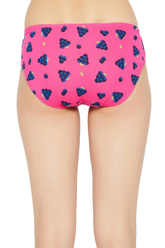 Mid Waist Fruit Print Hipster Panty in Hot Pink with Inner Elastic - Cotton