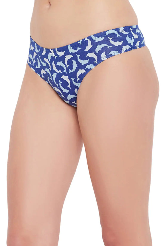 Low Waist Dolphin Print Thong in Navy with Inner Elastic - Cotton