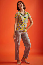 Tutti Fruity Button Down Shirt & Chic Basic Pyjama Set in Dark Grey - 100% Cotton