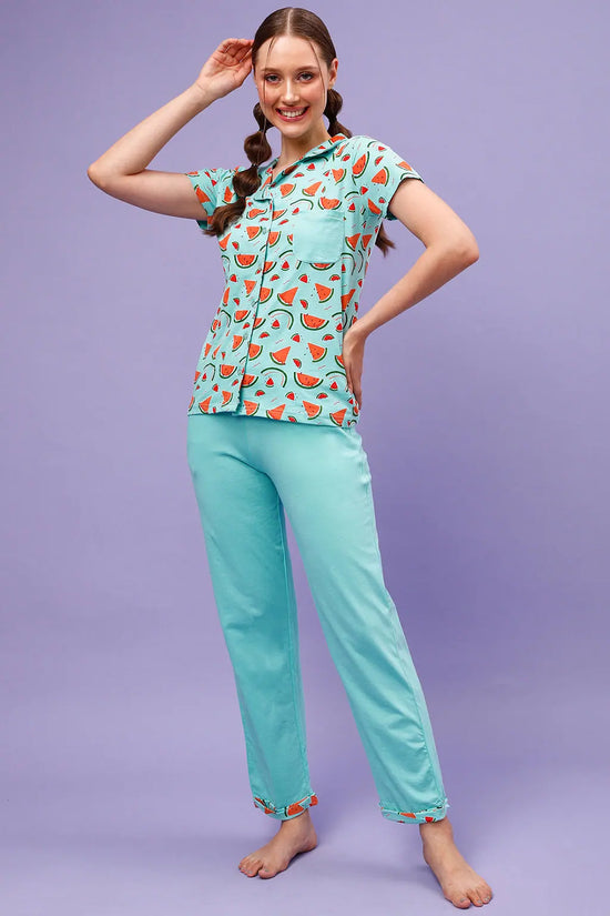 Tutti Fruity Button Down Shirt & Chic Basic Pyjama Set in Sky Blue - 100% Cotton