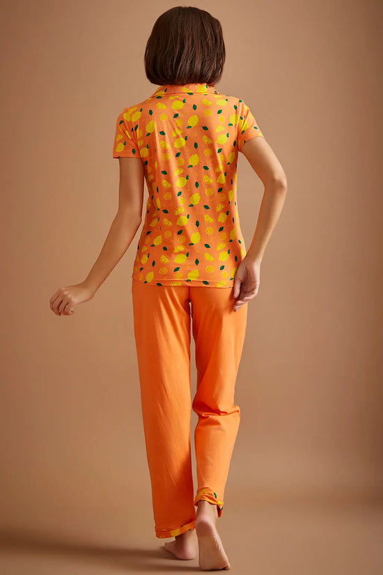 Tutti Fruity Button Down Shirt & Chic Basic Pyjama Set in Peach Colour - 100% Cotton