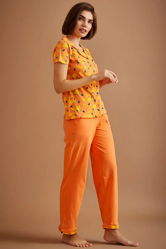 Tutti Fruity Button Down Shirt & Chic Basic Pyjama Set in Peach Colour - 100% Cotton