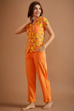 Tutti Fruity Button Down Shirt & Chic Basic Pyjama Set in Peach Colour - 100% Cotton