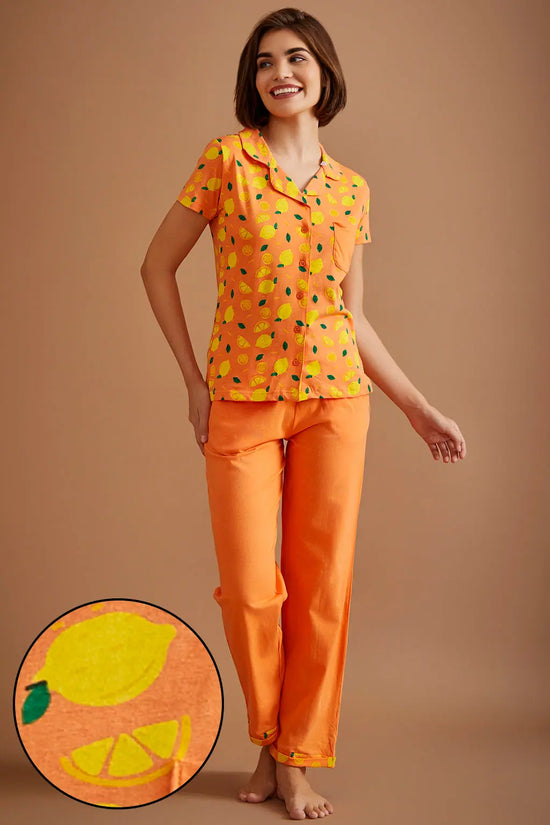 Tutti Fruity Button Down Shirt & Chic Basic Pyjama Set in Peach Colour - 100% Cotton