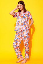 Leaf Print Button Down Shirt & Pyjama Set in Multicolour - Satin