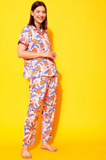 Leaf Print Button Down Shirt & Pyjama Set in Multicolour - Satin