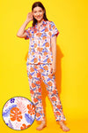 Leaf Print Button Down Shirt & Pyjama Set in Multicolour - Satin