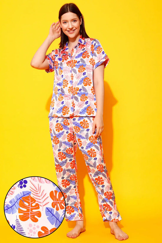 Leaf Print Button Down Shirt & Pyjama Set in Multicolour - Satin