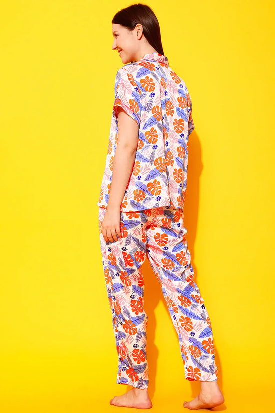 Leaf Print Button Down Shirt & Pyjama Set in Multicolour - Satin